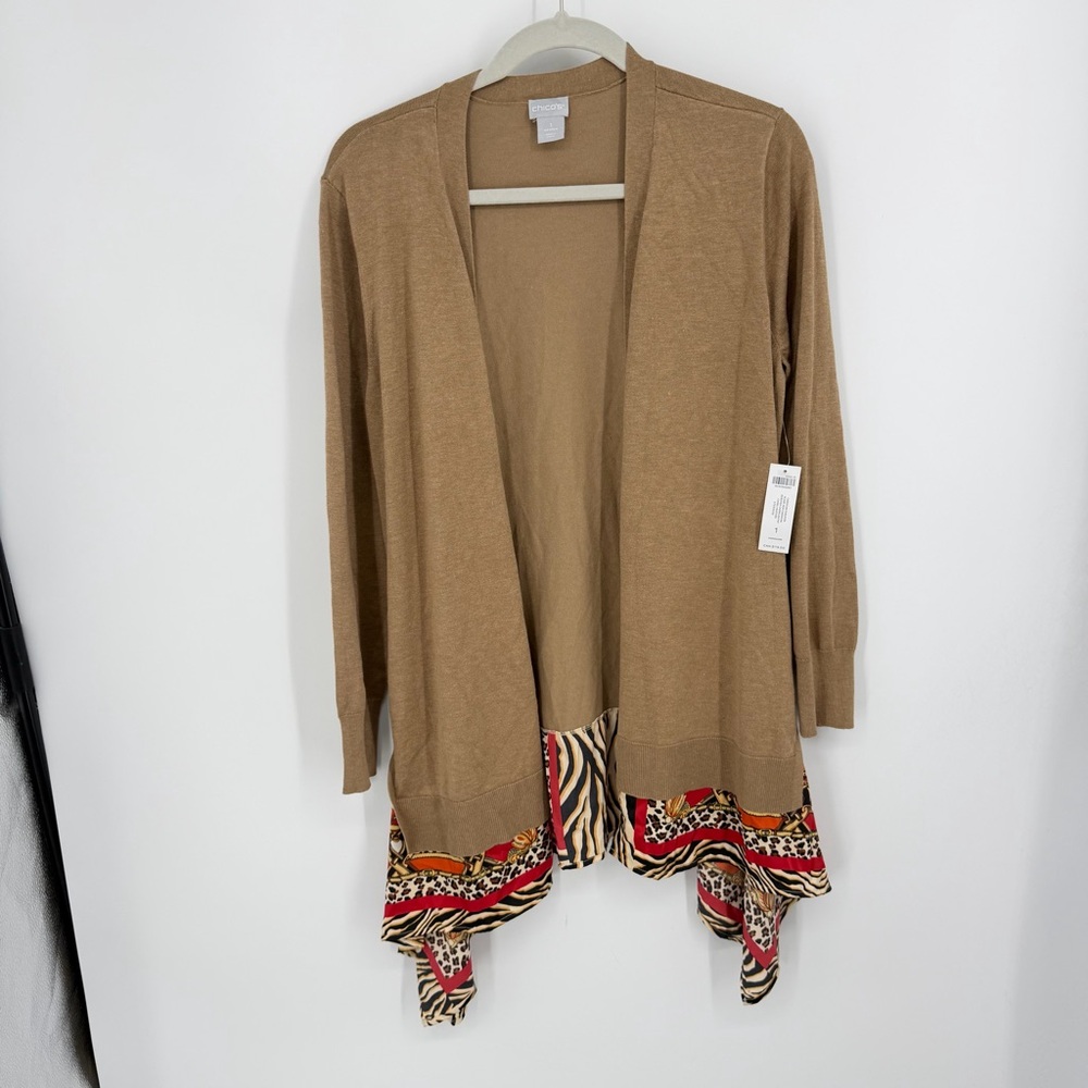 NWT Chico's Beige Camel Heather Open Front Cardigan with a scarf hem sz 1 M